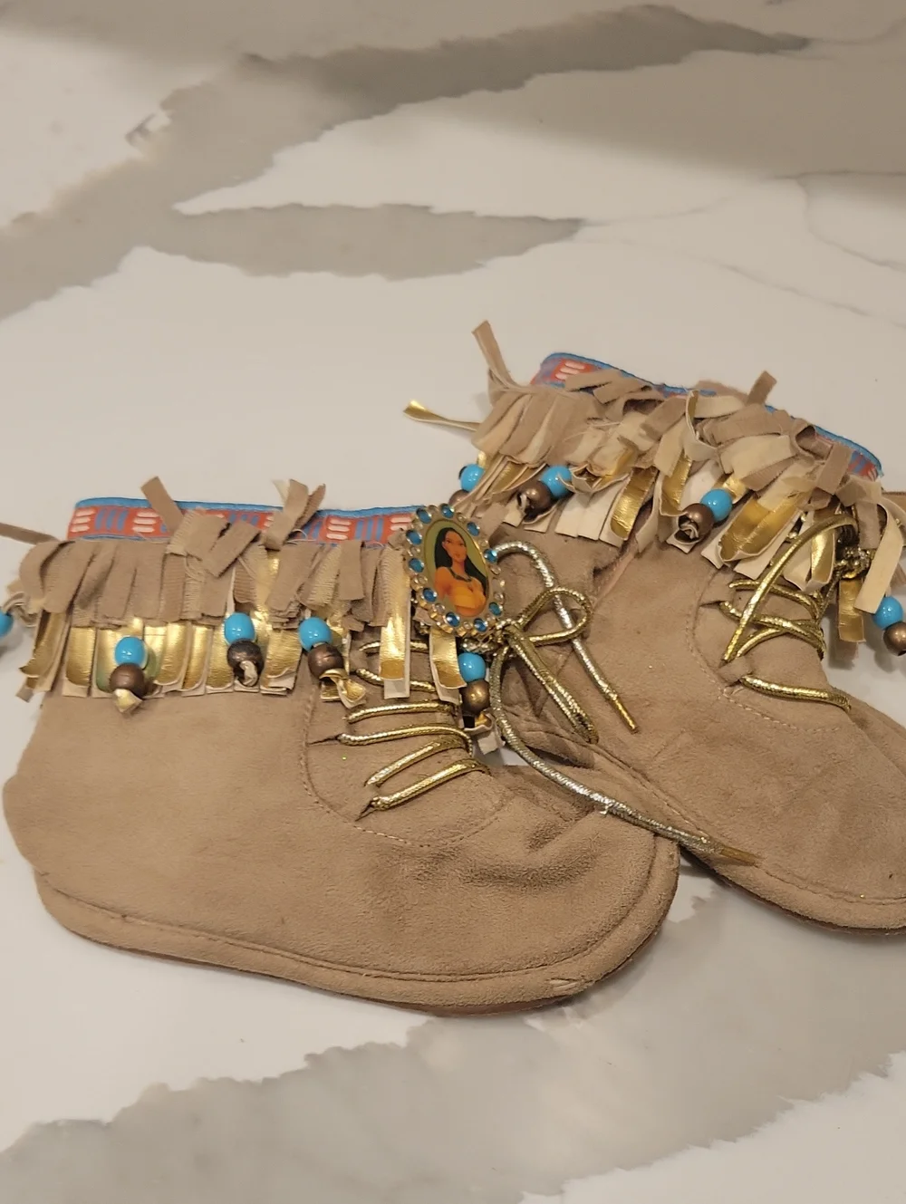 Fringed Suede Boho Ankle Boots with Turquoise Beads Size 9 Disney